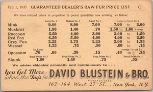 Postal publicitaria de la ciudad de Nueva York 1937 David Blustein & Bro. Lista de precios de piel cruda - Imagen 1 de 2