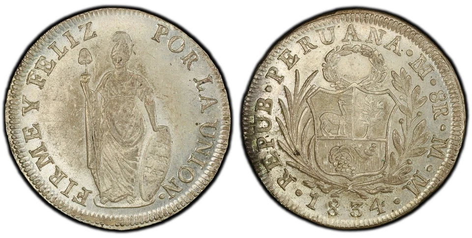 PERU. 1834-LIMAE MM AR 8 Reales. PCGS MS62 Lima. Standing Liberty. KM 142.3 - Image 1 of 1