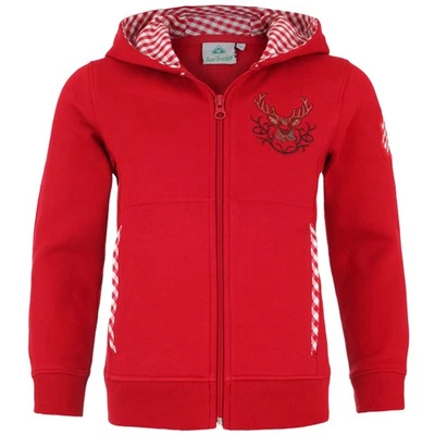 ISAR-TRACHTEN Isar Trachten Kinderjacke mit Kapuze 57301 rot Hirsch Stickerei Sweatjacke
