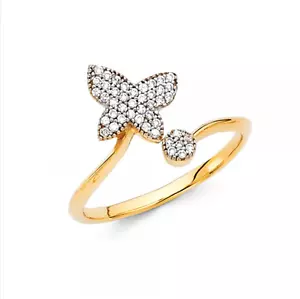 14K Solid Yellow Gold Cubic Zirconia Butterfly Ring - Polished Finger Band Women - Picture 1 of 1