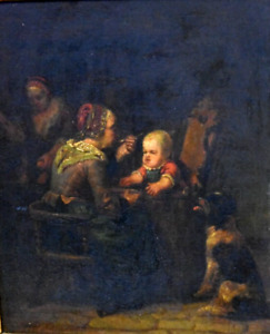 Tableau ancien huile scène de genre Maternité école du Nord signé XVIIIème