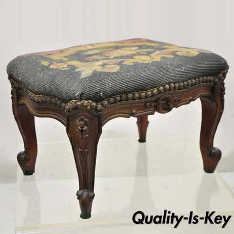 Vtg French Country Louis XV Style Carved Walnut Needlepoint Footstool Ottoman Cover