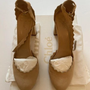 Chloe Neutrals Scalloped d’Orsay Suede Ankle Strap Pump Block Heels size 36.5 - Picture 1 of 8