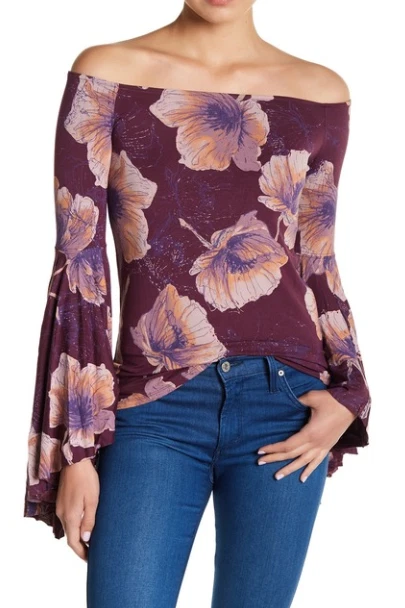 People Birds Paradise Bell Sleeve Purple Floral Top Sz XS off Shoulder