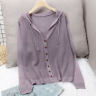 Ladies Sunscreen Knitted Top Long Sleeve Cardigan Coat Casual Buttons Hooded ^