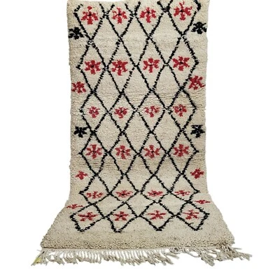 Vintage Moroccan Berber Rug Handmade Wool Tribal Cream Diamond Red Floral Carpet - Image 1 of 4