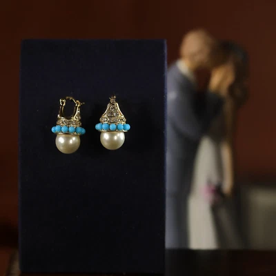 Ohrringe Schläfer Golden False Perle Weiß Türkis Syn. Blau ET9 - Bild 1 von 4