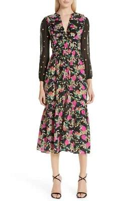SALONI Black Floral Hydrangea Print Embroidered Sleeve Ruffle Dress 8US = UK12 M - Image 1 of 4