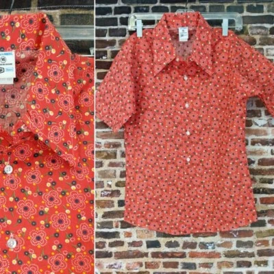 Vintage Boy's Shirt Child's Size 16 Red Floral Flower 60's 70's Hippie Button up - Image 1 of 4