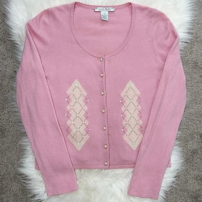 Cárdigan de cachemir Grayson & Dunn vintage rosa Argyle Preppy para mujer talla mediana Foto 1 de 4