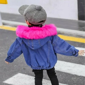 Girl Coat Fur Collar Kids Children Denim Jacket Outwear Cowboy Thick Winter Cute - Picture 1 of 12