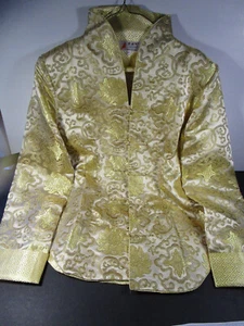 Gold lined long sleeve mandarin collar shirt/jacket women, oriental silk blend - Picture 1 of 7