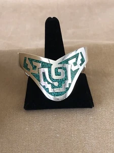 Vintage TAXCO Turquoise Chip Inlay Sterling Silver 925 Cuff Bracelet - Picture 1 of 13