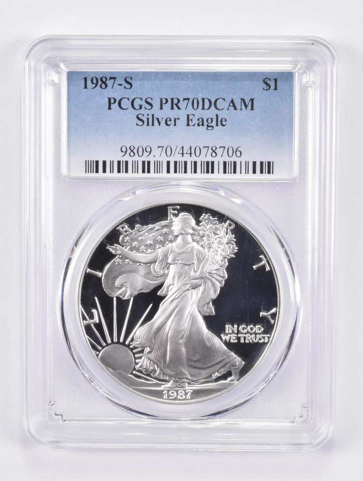 American Silver Eagle 1987-S PR70 DCAM PCGS etiqueta azul Foto 1 de 4
