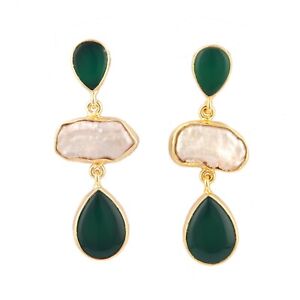 Keshi Pearl Real Green Onyx Gold Plated Collet Set Stud Dangle Statement Earring