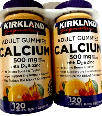 Kirkland Signature Calcio 500 mg + D3 y zinc Gomitas para adultos 240 ct EXP 01/2026 Foto 1 de 3