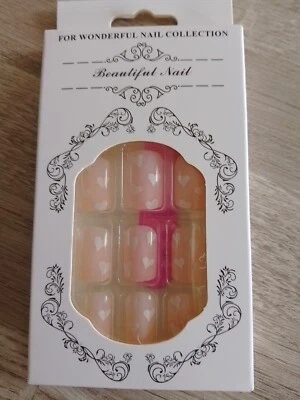 Nude False Nails White Heart Pattern Bling Press On Squoval Tips - Image 1 of 3