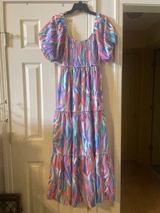 Pink Lilly Peach Love Multi Color Print Puff Sleeve Maturity Maxi Dress Size S - Picture 1 of 9
