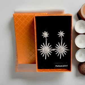 Platinum Plated Sparkling Starburst Drop Earrings | Statement Jewelry – Now £10! - Picture 1 of 4
