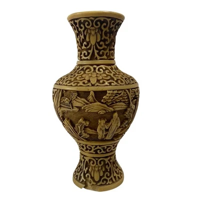 "Florero vintage blanco estilo cinabrio 6,5"" escena de resina tallada marca china" Foto 1 de 4