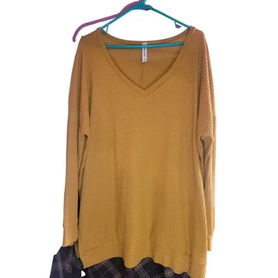 Zenana Outfitters Women's 1X Mustard Yellow Long Sleeve Waffle Knit V-Neck Top - Image 1 of 4