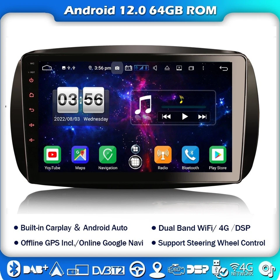9"CarPlay Android 14 Autoradio 8-Kern GPS DAB+SWC Navi Für Mercedes-Benz Smart - Bild 1 von 4