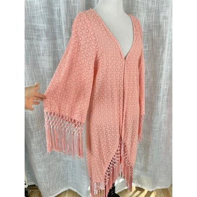 PilyQ Womens Coverup Cardigan M/L Pink Fringe Tassel Crochet Boho Beach Festival - Image 1 of 4