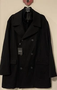 Claiborne Mens XL Black Layered Long Button-Up Pea Coat Thick Topcoat NWT! AZZ1 - Picture 1 of 16
