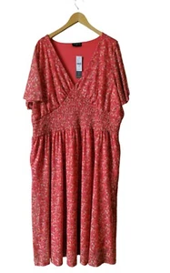 Lane Bryant Red Floral Flutter Sleeve V-Neck Midi Smocked Waist Mesh Dress-22 - Picture 1 of 7