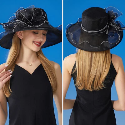 Mujer Ala Ancha Grande Derby Fascinator Sombrero Organza Iglesia Boda Fiesta del Té Sombrero Foto 1 de 4