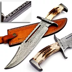 Premium Handmade Damascus Steel Hunting Bowie Knife with Stag Handle and Scabard - Picture 1 of 12