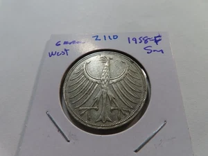 Z110 Germany West 1958-F Silver 5 Marks - Picture 1 of 2