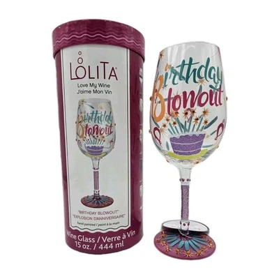 Lolita "Birthday Blowout" Hand Painted Wine Glass New 15 Oz - Image 1 of 4