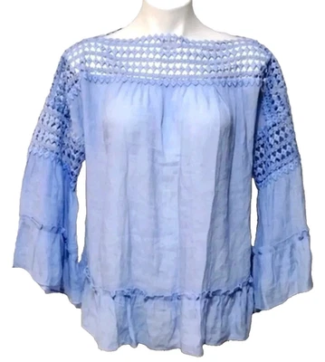 Blusa Top Valerie Stevens Mujer Azul Medio Manga Larga Boho Preppy Chic Foto 1 de 4