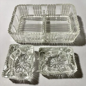 Art Deco Zigarettendose aus geschliffenem Glas mit 2 passenden Aschenbechern geometrisch dekorativ - Bild 1 von 11