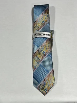 Mens Stacy Adams Blue Yellow Paisley Pattern Tie With Matching Pocket Square NEW - Image 1 of 3