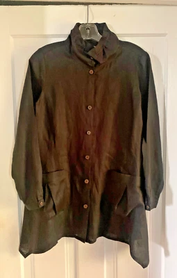 Go Silk Linen Womens Black Button Up Duster  Lagenlook Jacket Artsy Topper - Image 1 of 4
