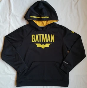 UA Under Armour Batman Hoodie Pullover Loose DC Comics Black Yellow Boys YLG - Picture 1 of 3