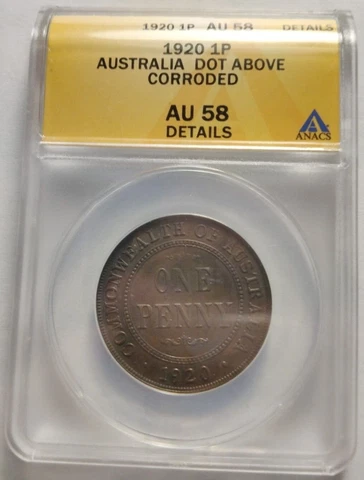 1920 1P One Cent Australia 1 Penny ANACS AU58 Details Dot Above Rare Coin 3B Cover