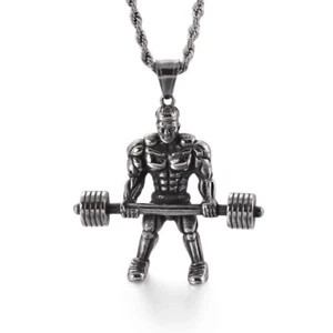 Gym Barbell Dumbbell Weightlifting Bodybuilding Necklace Pendant Stainless Steel - Picture 1 of 25
