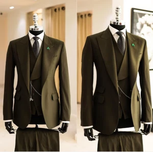 Luxury Men's Wedding Suits Peak Lapel Tuxedos Slim Fit Groom Wear 3 Pcs Jacket - Picture 1 of 13