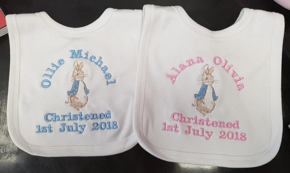 NO BRAND Babero personalizado Peter Rabbit rosa azul blanco bordado con nombre y fecha