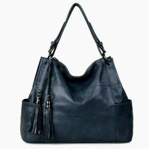 JACK & CHRIS LEATHER HOBO PURSE WITH TASSELS WOMENS MEDIUM BLUE GREY NEW - Picture 1 of 5