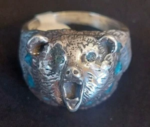 Sterling Silver & Turquoise Inlay Bear's Head Ring ~ Navajo ~ Size 12 - Picture 1 of 6