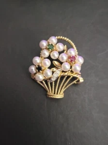 Vintage 14K Gold PEARL ruby emeralds diamonds Flower basket Pendant  - Picture 1 of 10