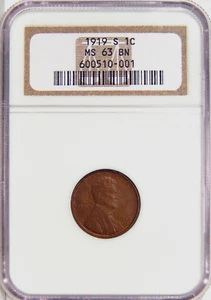 1919-S 1c NGC MS 63 BN ~ EARLY SAN FRANCISCO MINT LINCOLN CENT - Picture 1 of 2
