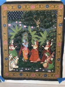 Hindu Religious Painting Of Radha Krishna Love Scene Art on Cloth 11x14 Inch - Picture 1 of 8