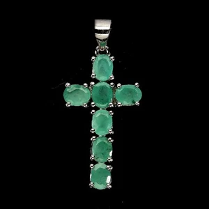 925 Sterling Silver Pendant Oval Emerald 5x4mm Natural Gemstone Cross Jewelry - Picture 1 of 13