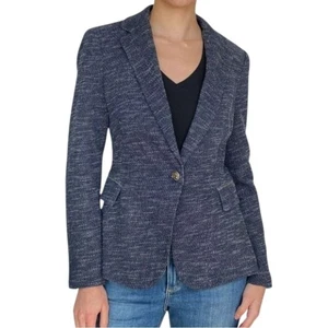 zara knit textured blazer 100% cotton fully lined blue elbow patch womens medium - Picture 1 of 8