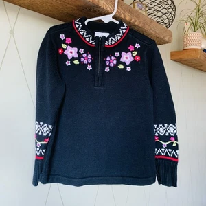 Hanna Andersson Sweater 1/4 Zip Black Pink Embroidered Floral Little Girl EUC 5 - Picture 1 of 6